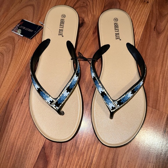 Blue and Black beaded and rhinestone embellished Flip Flops Sandals - Picture 9 of 11
